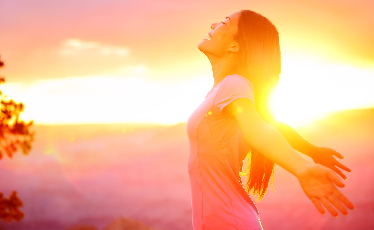 Free happy woman enjoying nature sunset. Freedom, happiness and ...